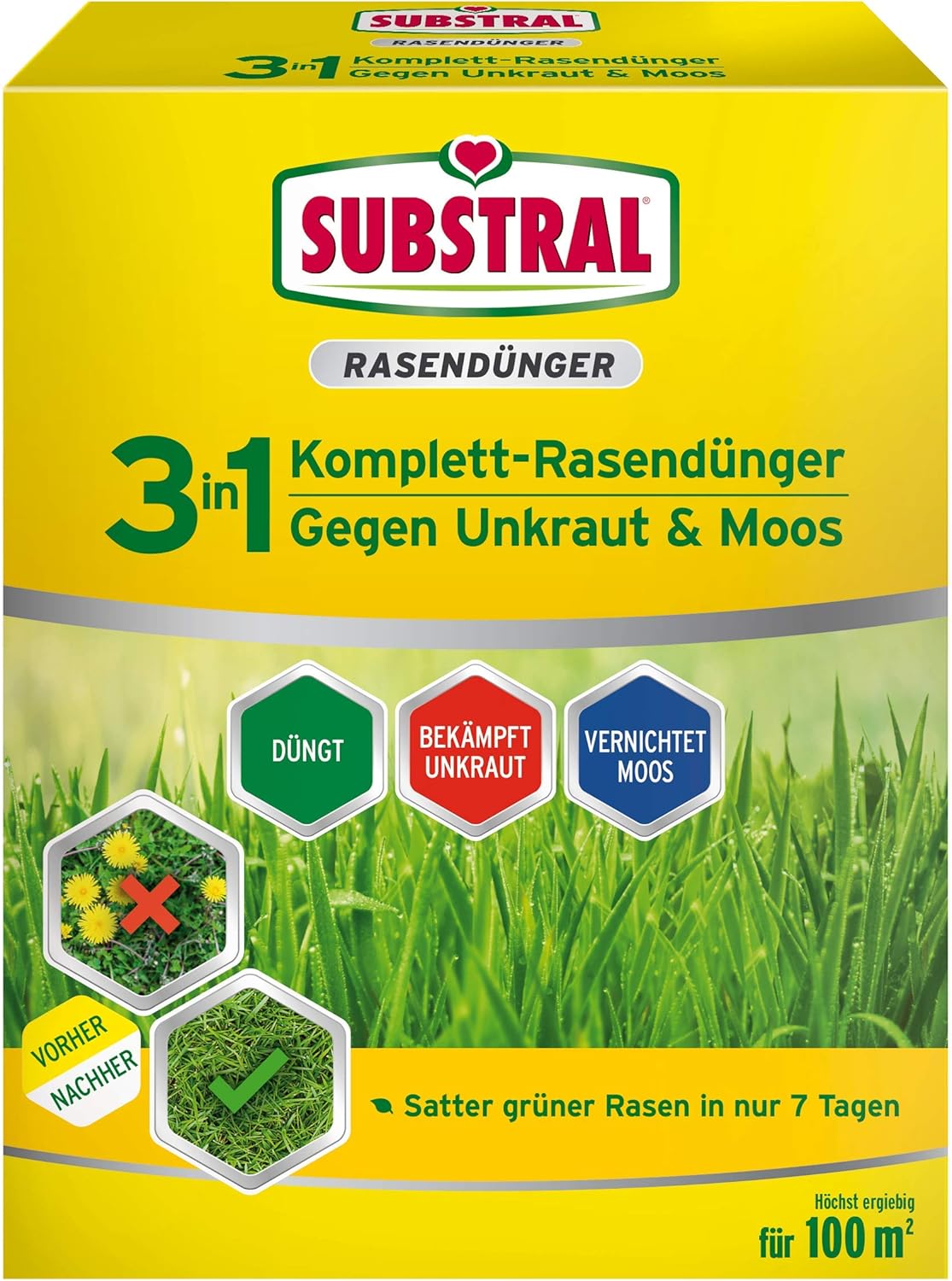 Substral 3 in 1 Komplett Rasendünger mit Unkrautvernichter und Moosvernichter, 3,6 kg für 100 m2