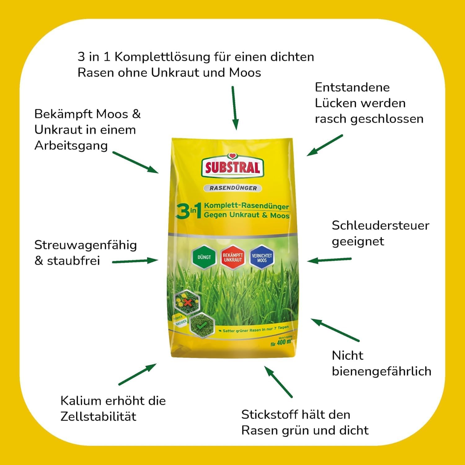 Substral 3in1 Komplettrasendünger 14kg für 400m2 Rasenfläche mit Unkrautvernichter und Moosvernichter — Ansicht 3