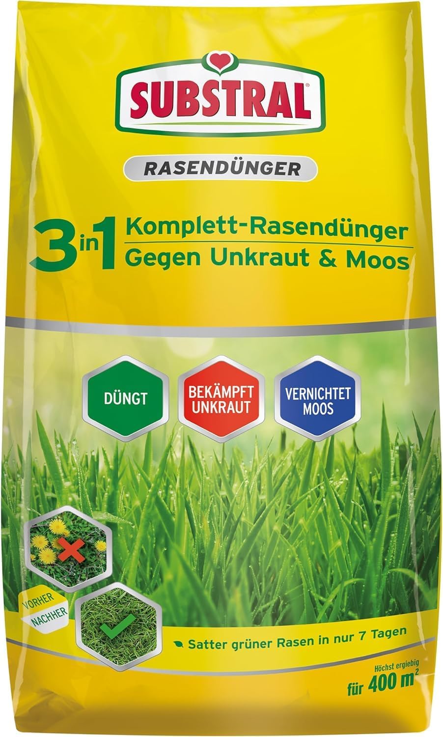 Substral 3in1 Komplettrasendünger 14kg für 400m2 Rasenfläche mit Unkrautvernichter und Moosvernichter