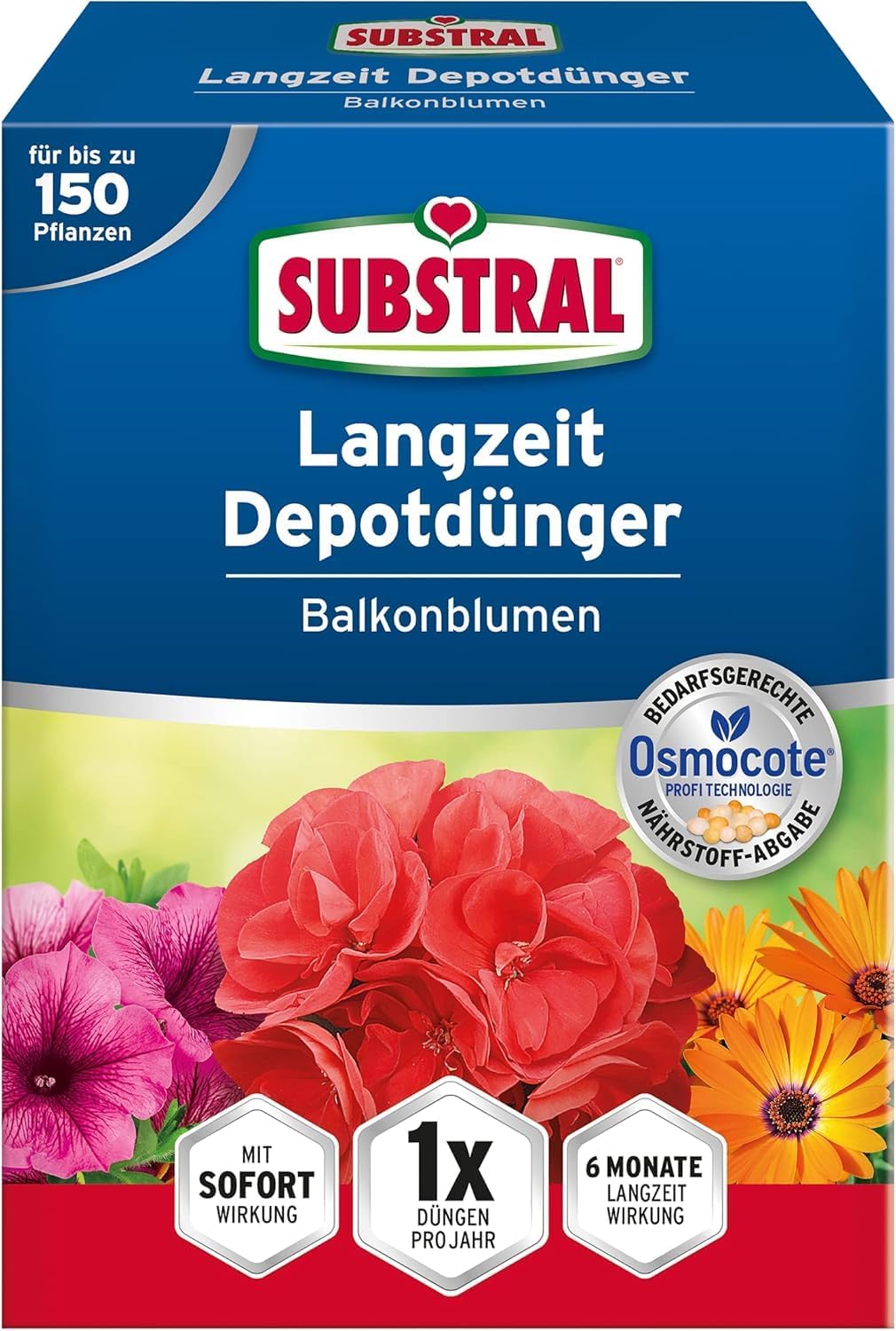 Substral Balkonblumen Langzeit Depotdünger für Geranie Surfinie Dipladenie Petunie Fuchsie Begonie u.a. 1,5kg