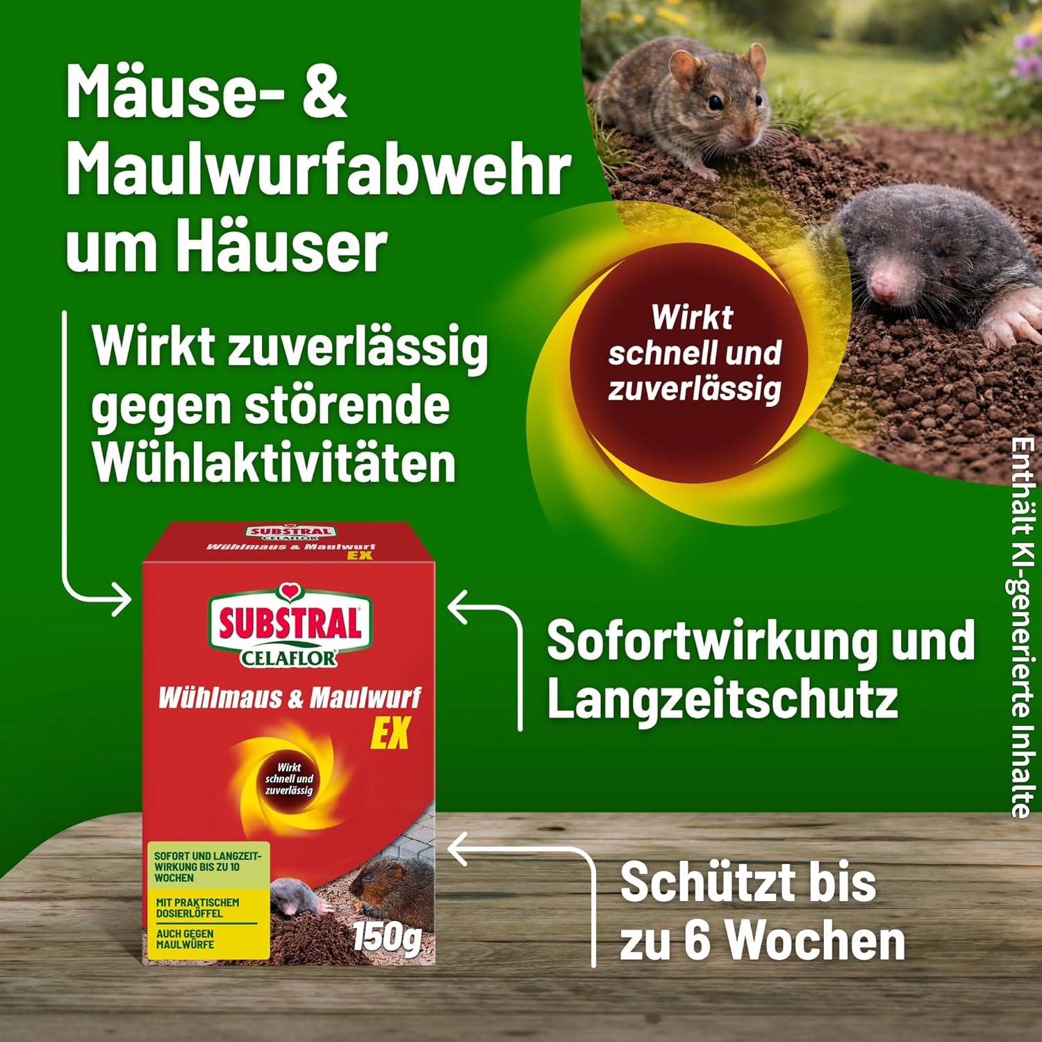 Substral Celaflor Wühlmaus & Maulwurf Ex Stop, vertreibt Wühlmäuse und Maulwürfe mit Sofortwirkung, ohne Gift, 150g, grün (Packung mit 2) — Ansicht 3