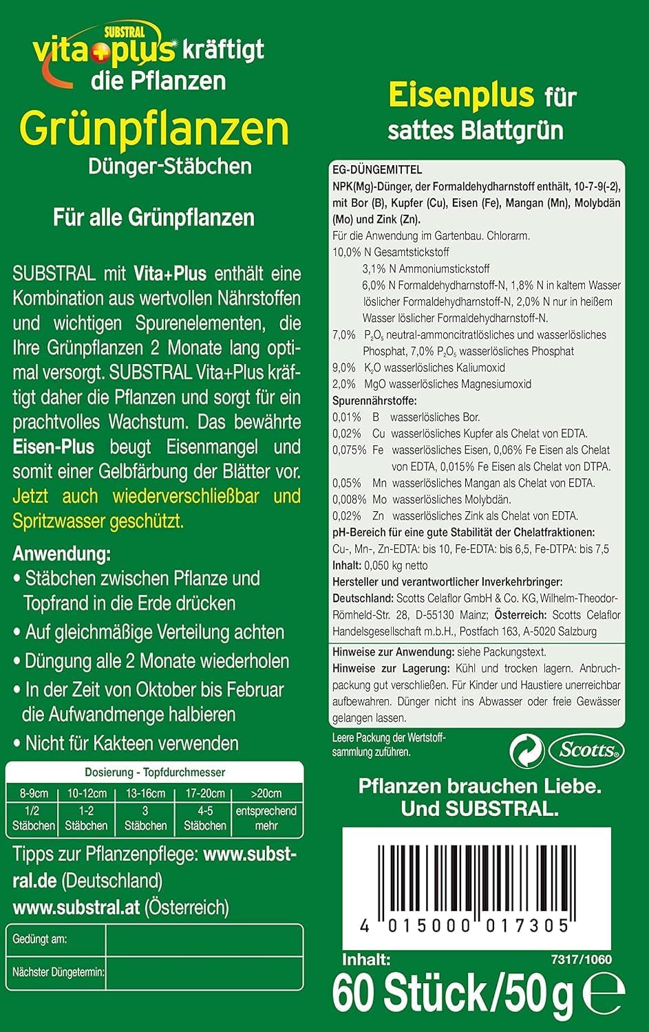 Substral Dünger - Stäbchen für Grünpflanzen mit Eisen - Plus und 2 Monate Langzeitwirkung 30 Stück — Ansicht 4
