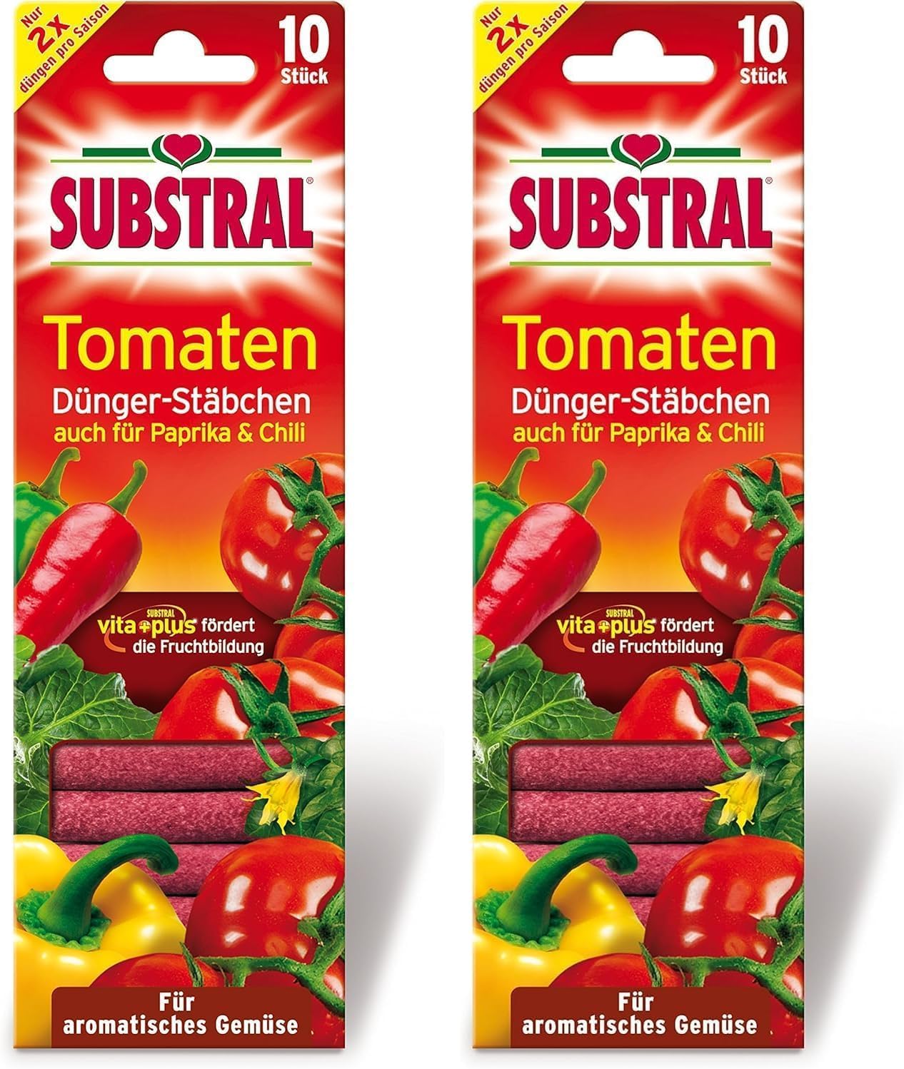 Substral Dünger-Stäbchen für Tomaten, Chili, Peperoni, Gurken, Zucchini und Paprika, etc., mit Langzeitwirkung, 10 St. (Packung mit 2)
