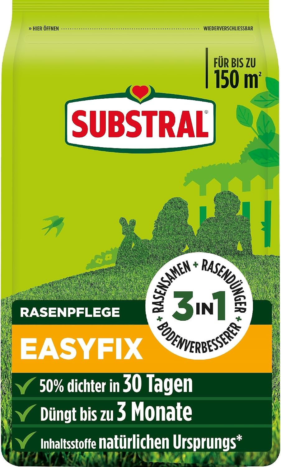 Substral EasyFix 7,5kg Rasensamen - Dünger - Kombination Für Dichten Rasen Bis 150 m2 Mit Bodenverbesserer