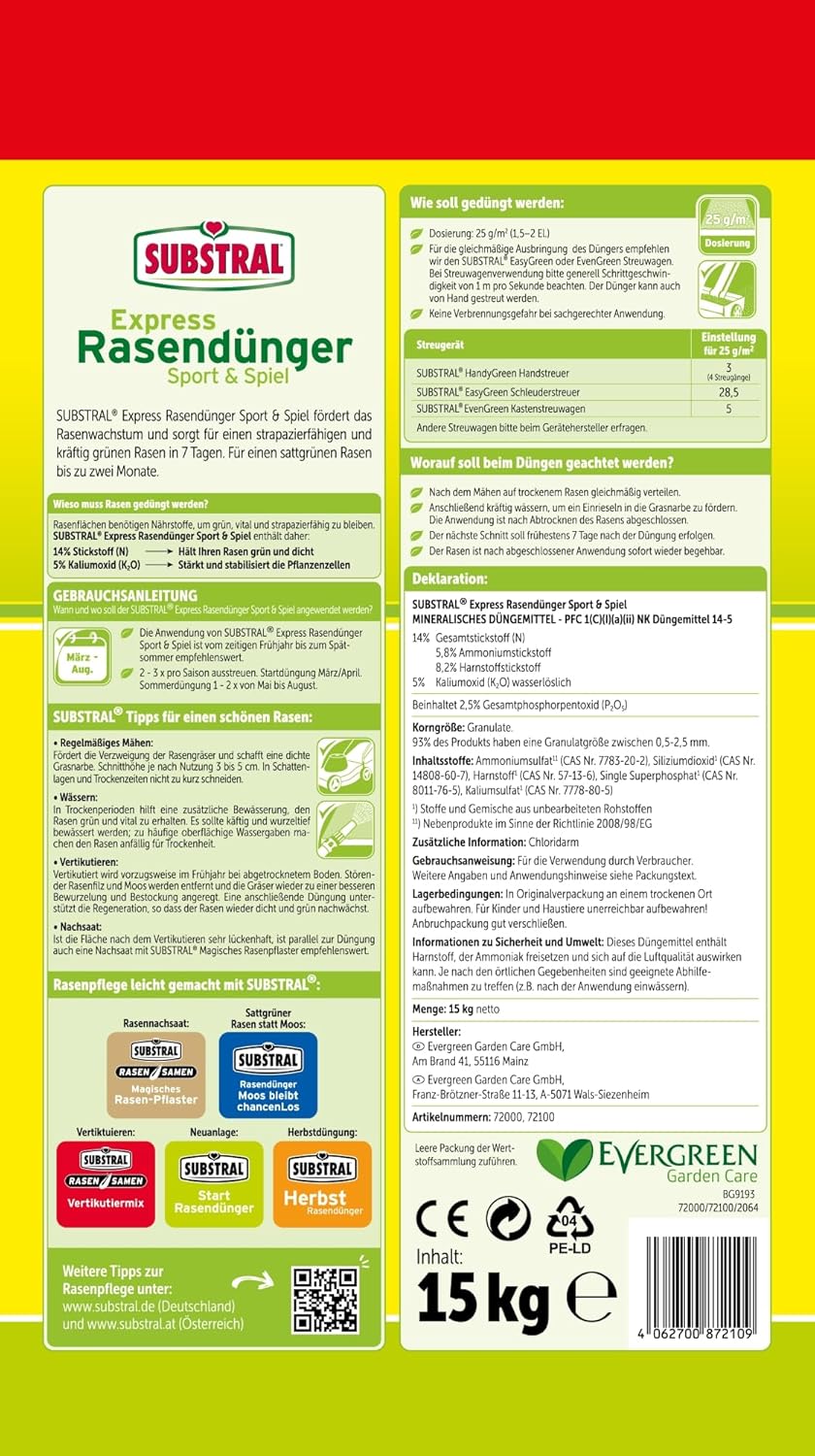 Substral Express Rasendünger Sport & Spiel 15kg Turbo - Rasendünger für 600 m2 schnelle Wirkung für dichten und strapazierfähigen Rasen geeignet für Streuwagen und Mähroboter — Ansicht 2