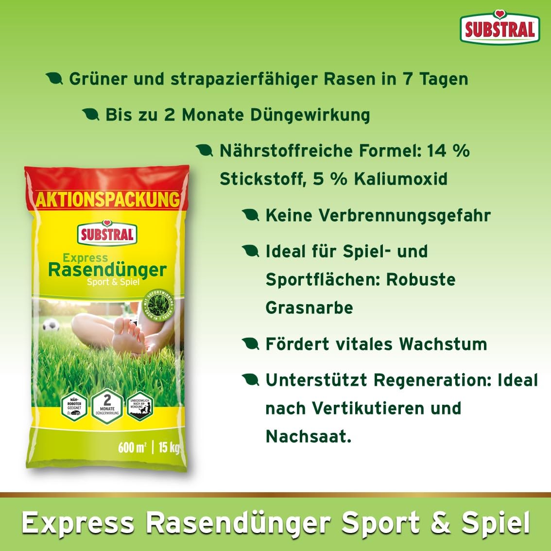 Substral Express Rasendünger Sport & Spiel 15kg Turbo - Rasendünger für 600 m2 schnelle Wirkung für dichten und strapazierfähigen Rasen geeignet für Streuwagen und Mähroboter — Ansicht 3