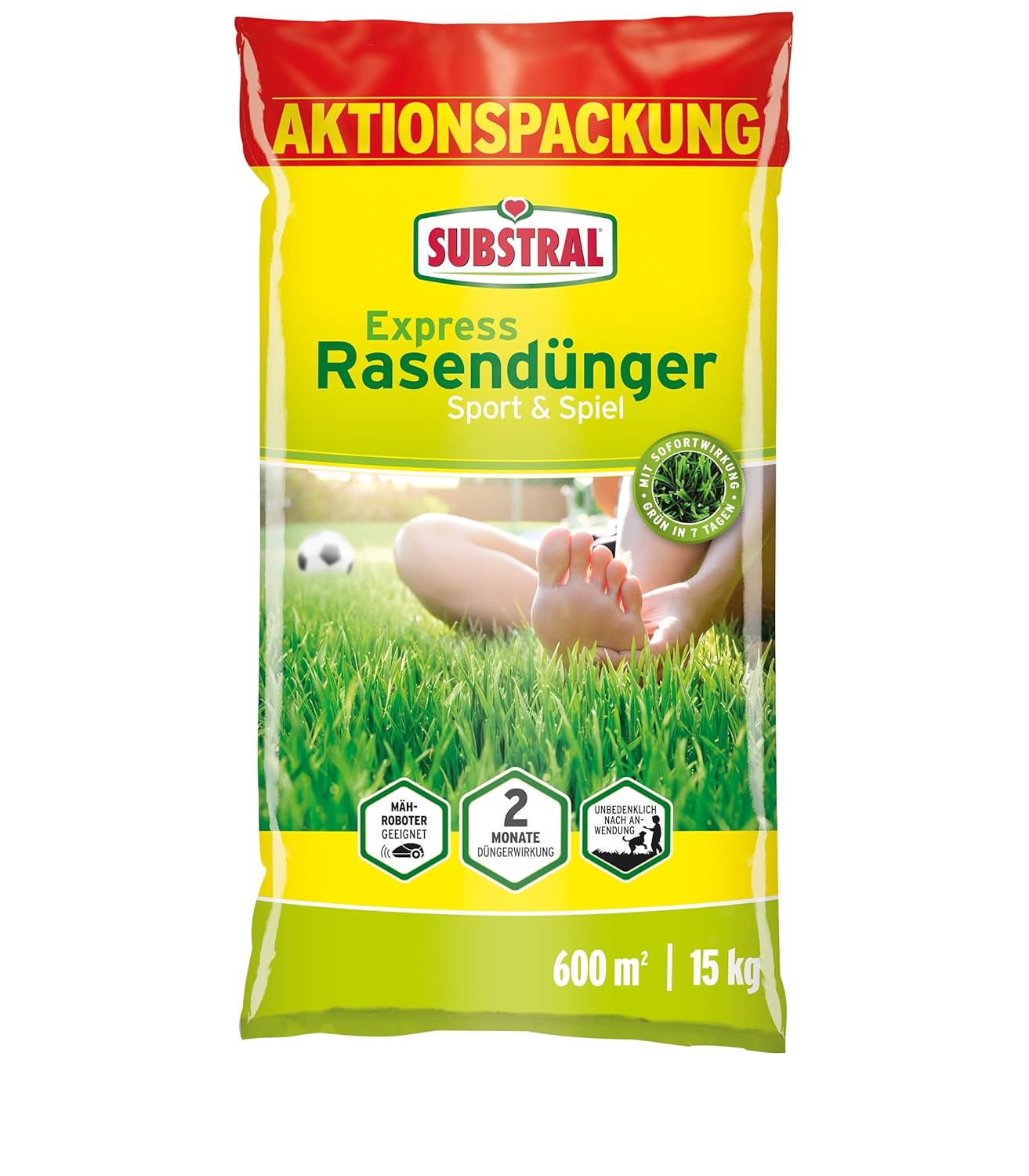 Substral Express Rasendünger Sport & Spiel 15kg Turbo - Rasendünger für 600 m2 schnelle Wirkung für dichten und strapazierfähigen Rasen geeignet für Streuwagen und Mähroboter