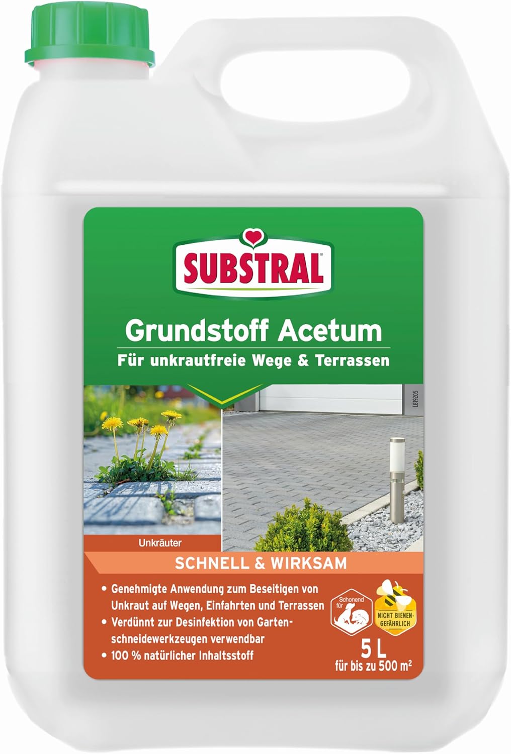 Substral Grundstoff Acetum unterstützt die Unkrautbeseitigung auf Wegen Terrassen oder Hauszufahrten 5L