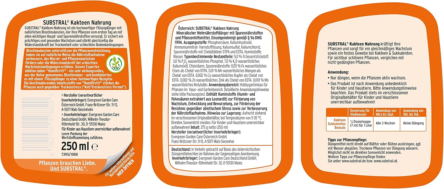 Substral Kakteen Nahrung, Flüssigdünger für Kakteen, 250 ml, Sukkulente und Bonsai mit natürlichen Biostimulanzien — Ansicht 2
