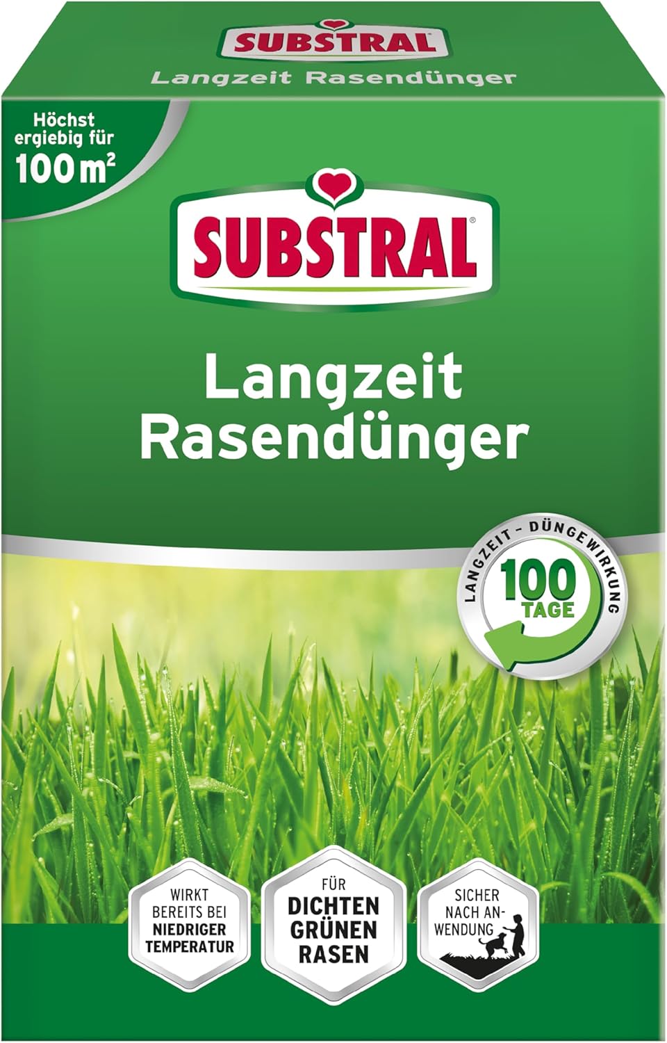 Substral Langzeit Rasendünger 2kg für 100 m2 Sofortwirkung in 7 Tagen und Langzeitwirkung bis 100 Tage für dichten sattgrünen Rasen
