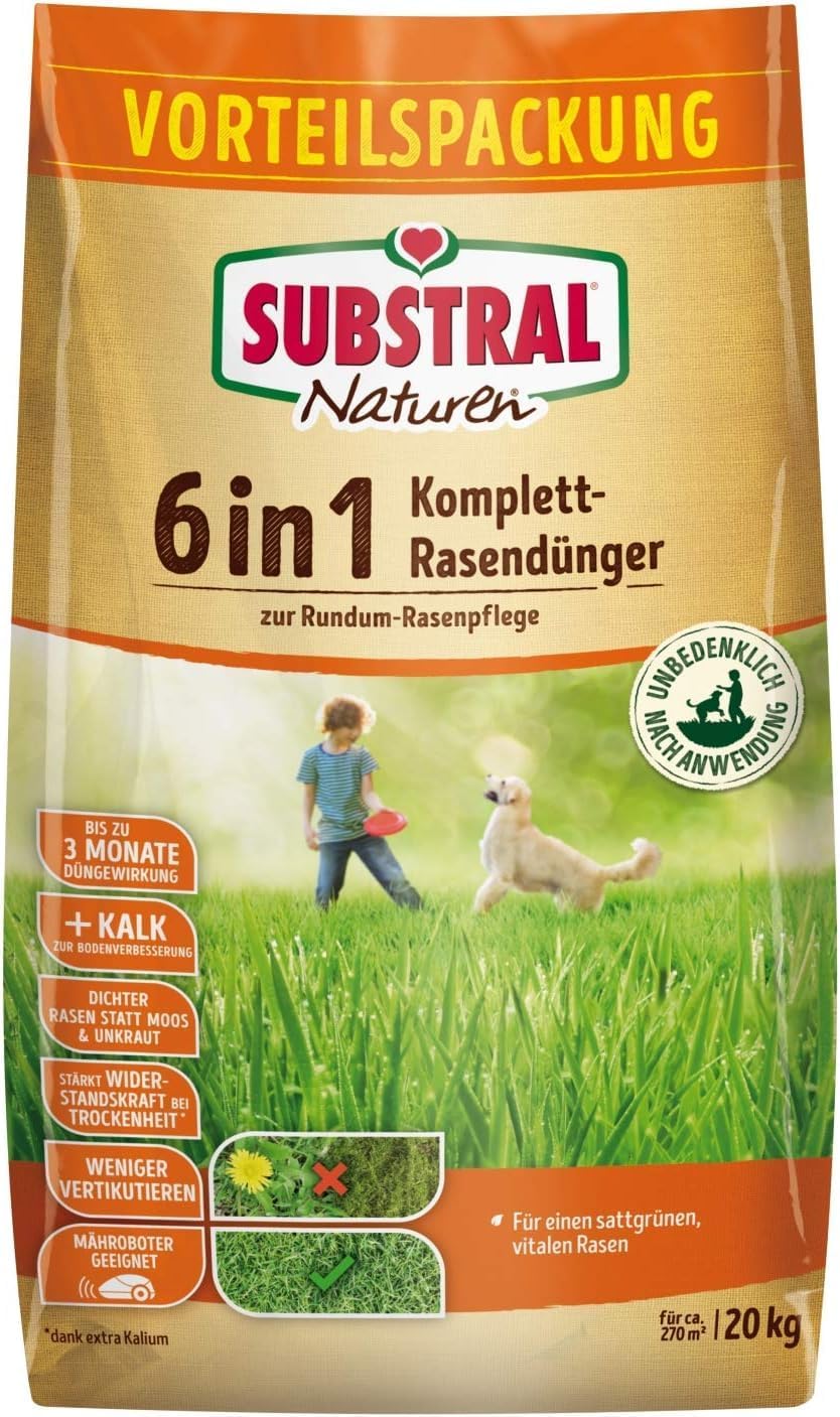 Substral Naturen 6in1 Komplett Rasendünger mit Sofort und Langzeitwirkung mit Extra Kalk und Kalium 270 m2 20kg