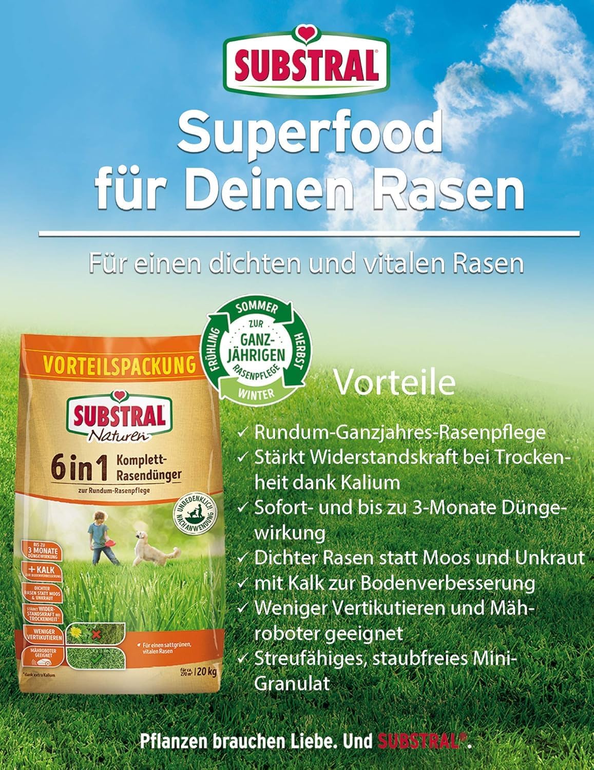 Substral Naturen 6in1 Komplett Rasendünger mit Sofort und Langzeitwirkung mit Extra Kalk und Kalium 270 m2 20kg — Ansicht 6