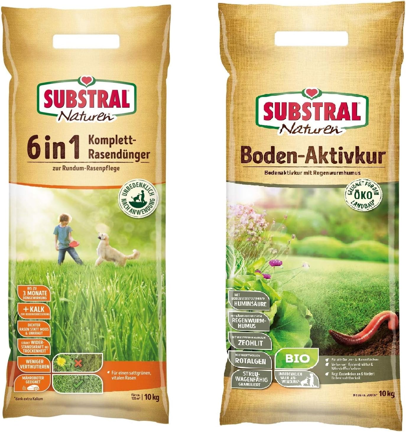 Substral Naturen 6in1 Komplett Rasendünger + Naturen Bio Bodenaktivkur Natürlicher Bodenaktivator