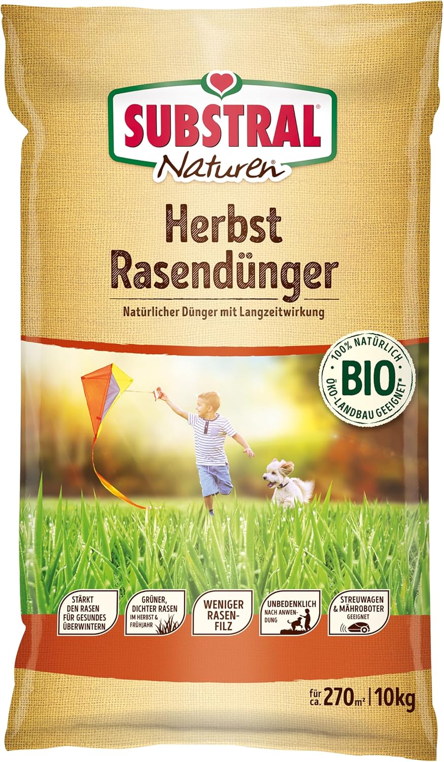 SUBSTRAL Naturen BIO Herbstrasendünger, Nährstoffreich, 10 kg - für bis zu 270 m2, geeignet für alle Rasenarten