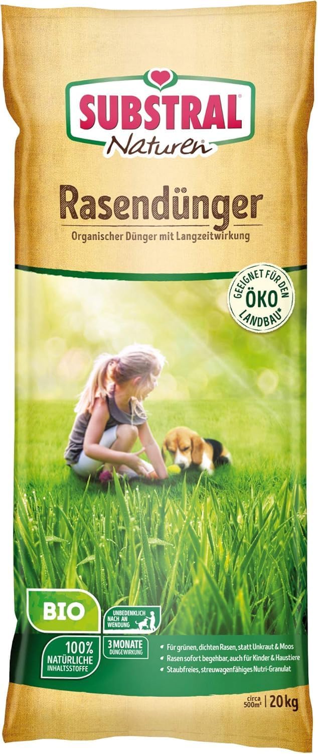 Substral Naturen Bio Rasendünger 20kg organischer Volldünger 3 Monate Langzeitwirkung alle Rasenarten bis 500 m2