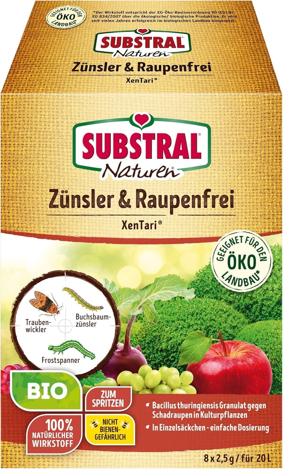 Substral Naturen Bio Zünsler - und Raupenfrei XenTari 8x2,5g biologisches Spritzpulver gegen Buchsbaumzünsler und Schadraupen