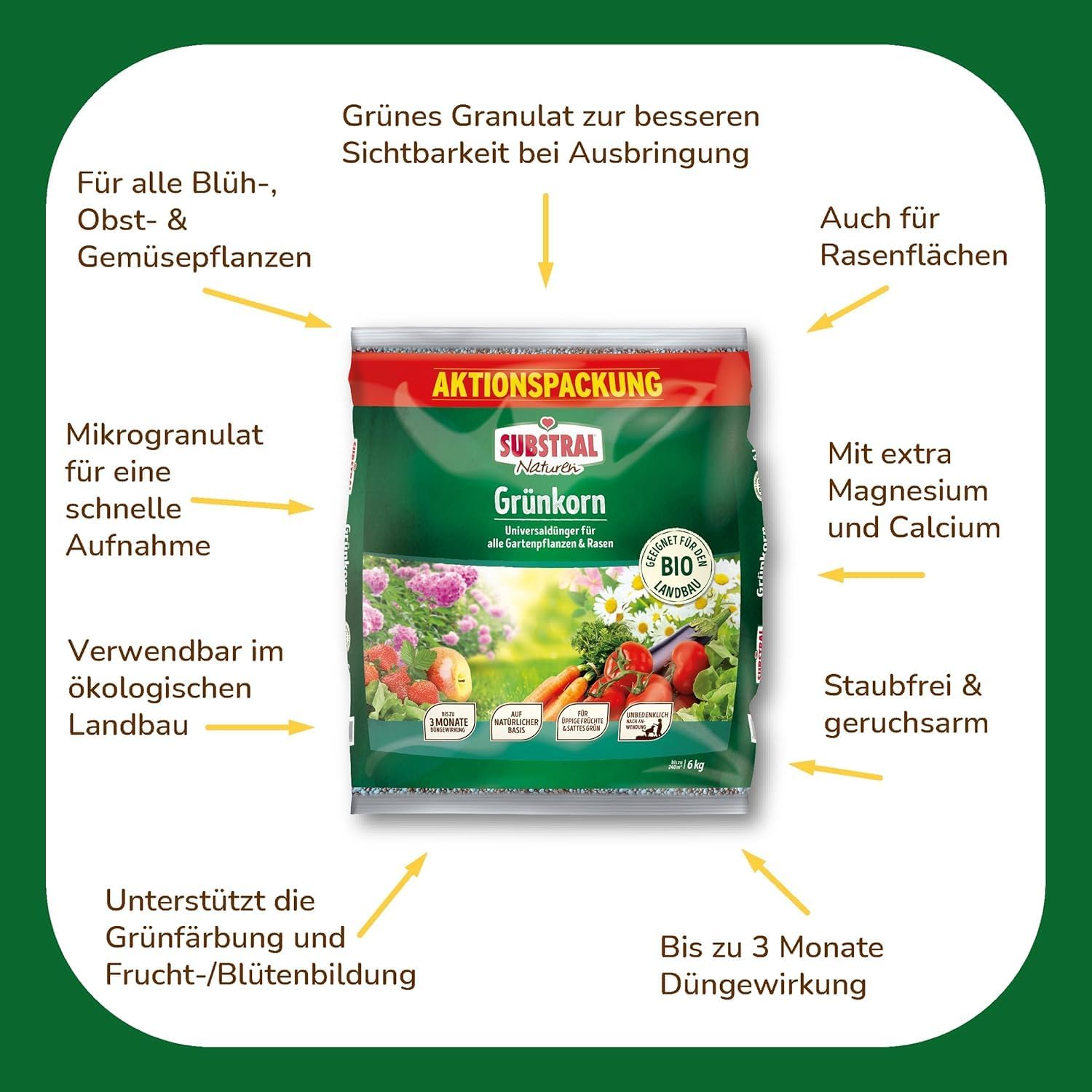Substral Naturen Grünkorn 6kg Bio Universal Gartendünger für alle Blüh - Obst - & Gemüsepflanzen sowie Rasenflächen — Ansicht 3