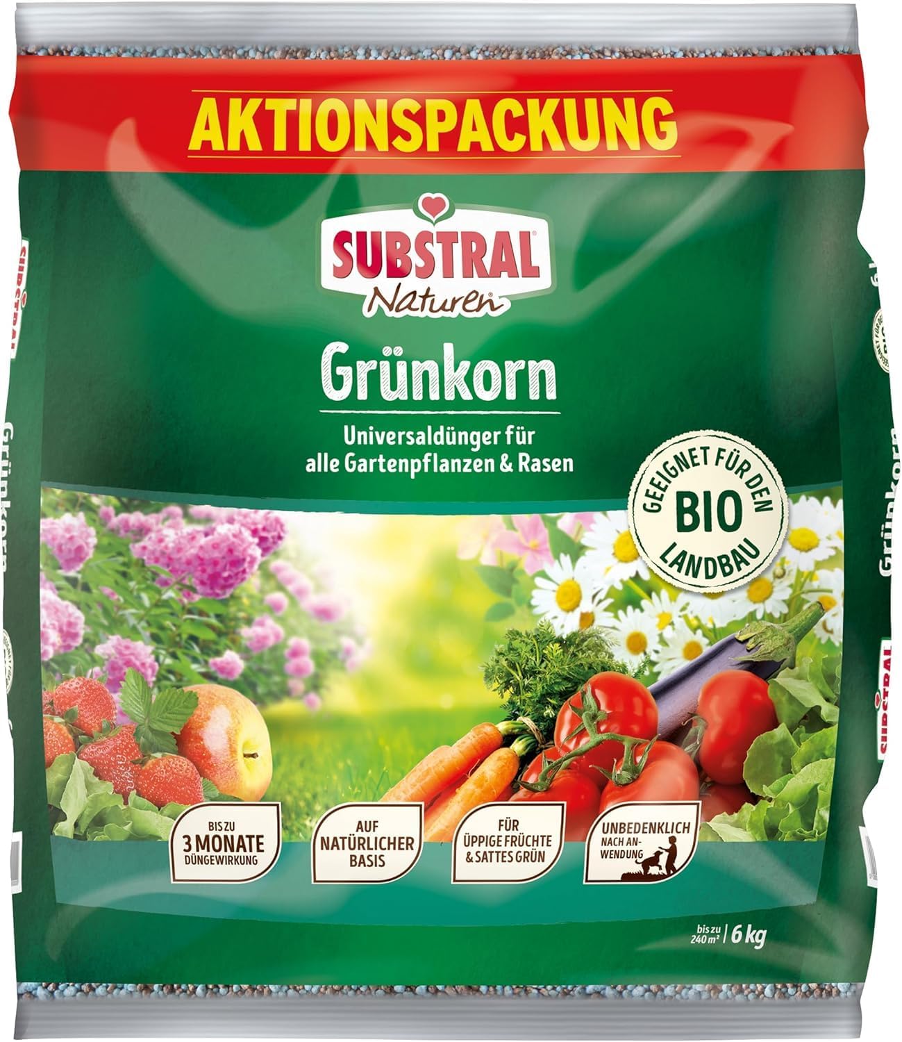 Substral Naturen Grünkorn 6kg Bio Universal Gartendünger für alle Blüh - Obst - & Gemüsepflanzen sowie Rasenflächen