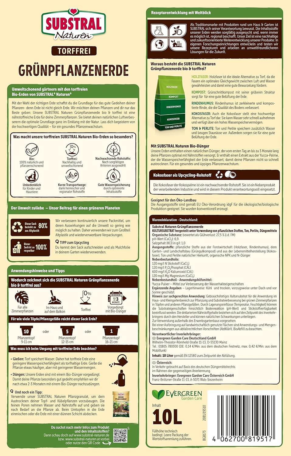 Substral Naturen Grünpflanzen Erde Bio & torffrei, 10L, für alle Zimmerpflanzen, mit 3 Monaten Bio-Dünger vorgedüngt — Ansicht 2