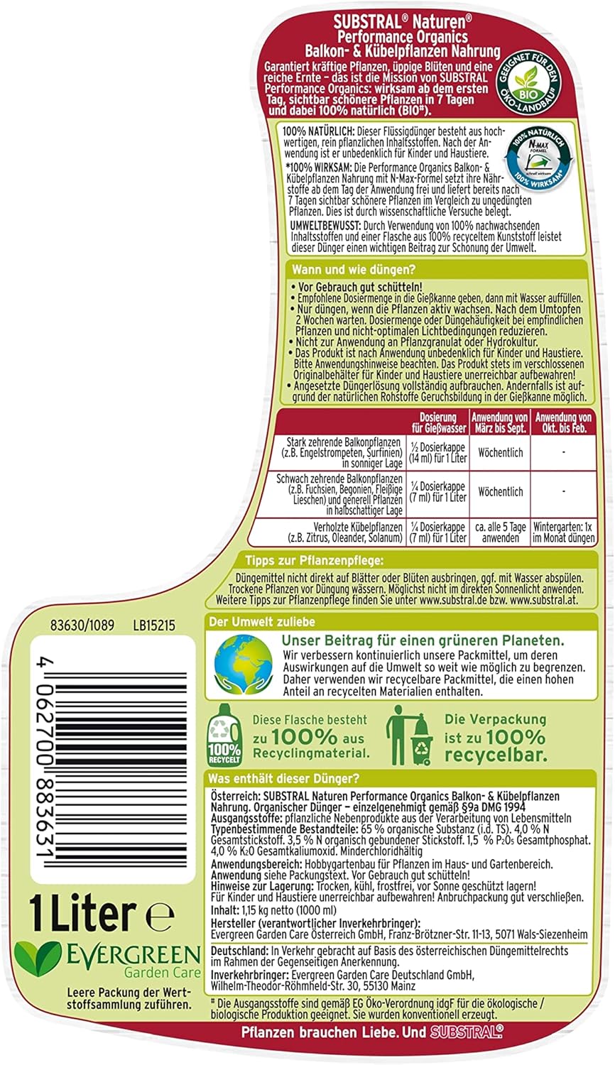 Substral Naturen Performance Organics Balkon- & Kübelpflanzen Nahrung, Bio Spezial-Flüssigdünger mit N-Max Formel, 1 L — Ansicht 2