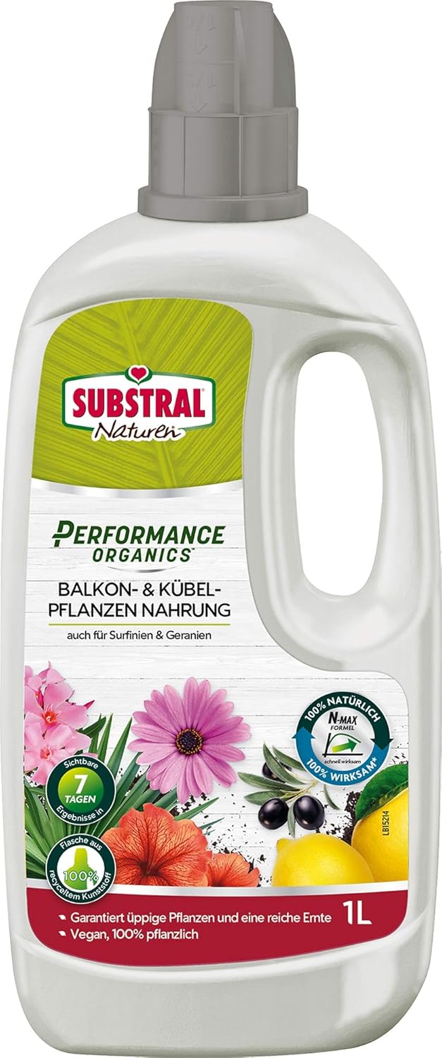 Substral Naturen Performance Organics Balkon- & Kübelpflanzen Nahrung, Bio Spezial-Flüssigdünger mit N-Max Formel, 1 L