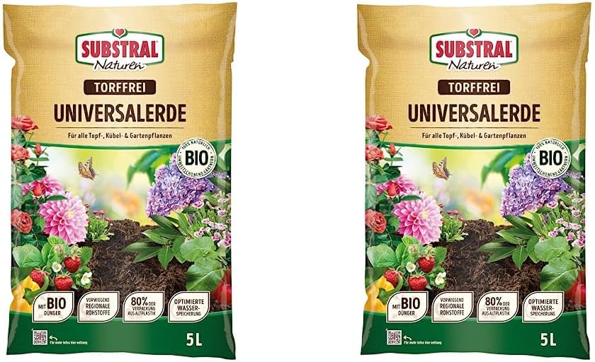 Substral Naturen Universalerde Bio & torffrei, für Zimmer-, Balkon und Kübelpflanzen, in Beeten und Rabatten, 5 L, Grün (Packung mit 2)