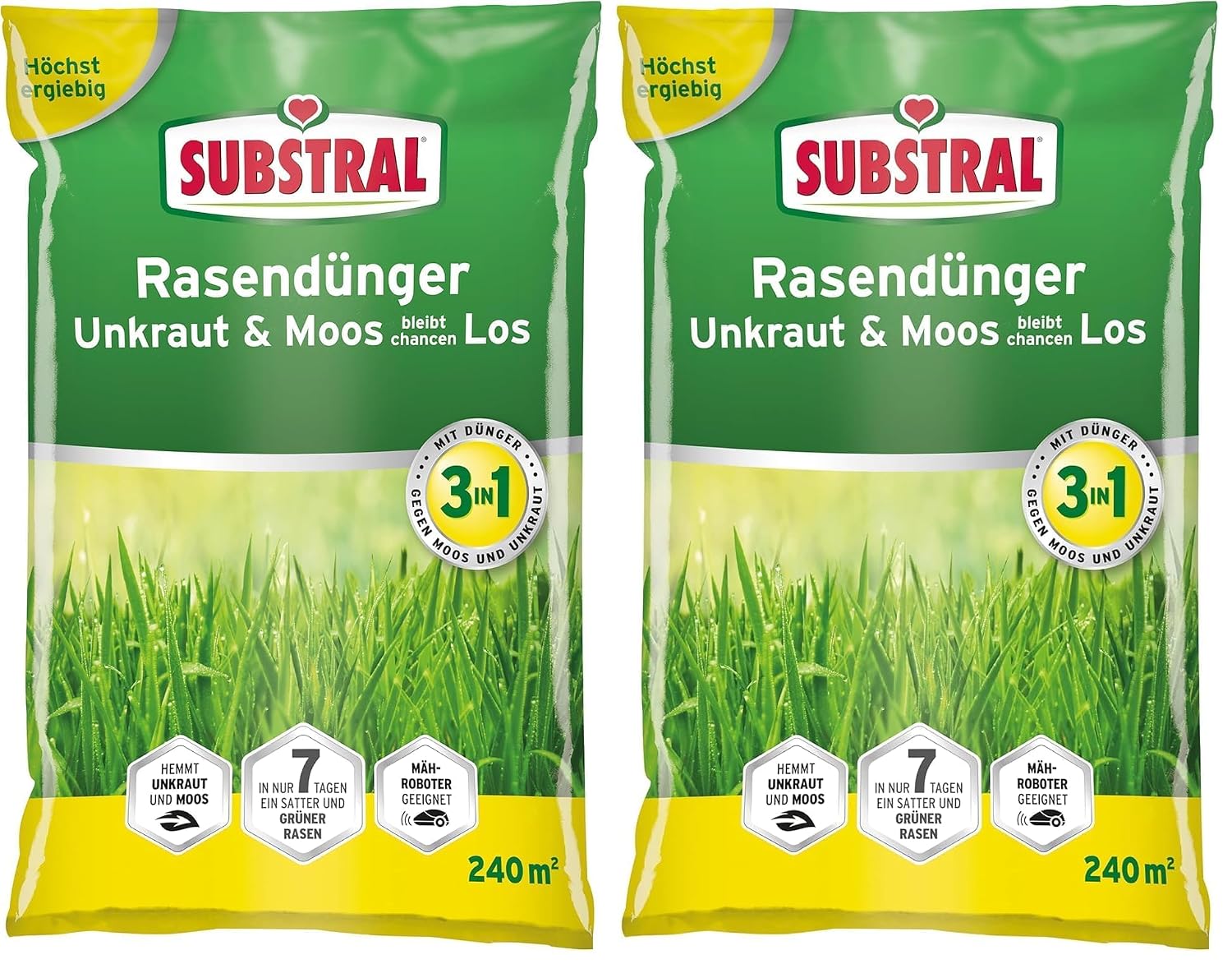 Substral Rasendünger Unkraut & Moos bleibt chancenlos, 7,2kg für 240qm, sattgrüner Rasen in 7 Tagen, düngt bis zu 3 Monate (Packung mit 2)