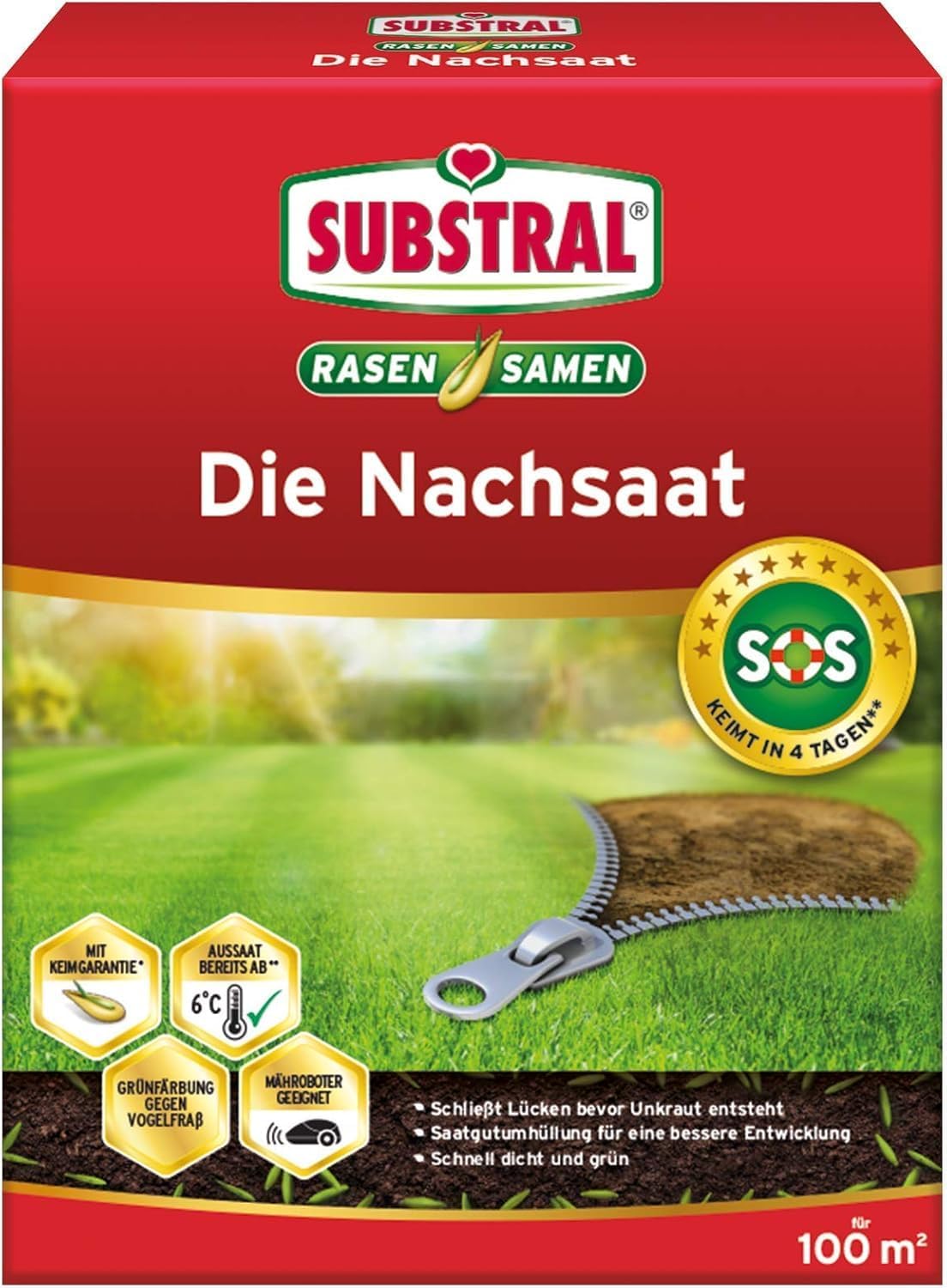 Substral Rasensamen Die Nachsaat, Rasensaat, Schnell keimende strapazierfähige Rasenreparatur-Mischung, 2 kg für 100 m2
