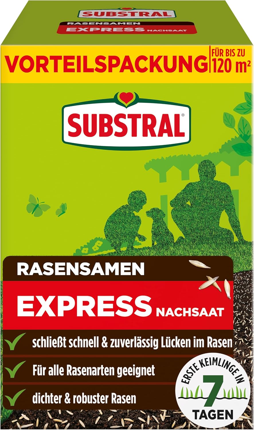 Substral Rasensamen Express Nachsaat 2,4kg Nachsaat für 120 m2 schnell keimend für dichten Rasen & Lückenreparatur
